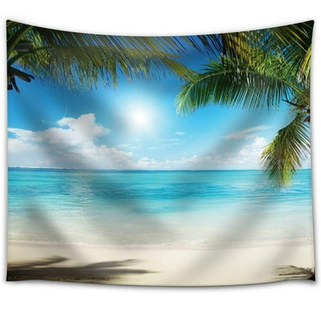 Large Palm Trees on an Island Framing the Ocean Fabric Tapestry 68x80 inches